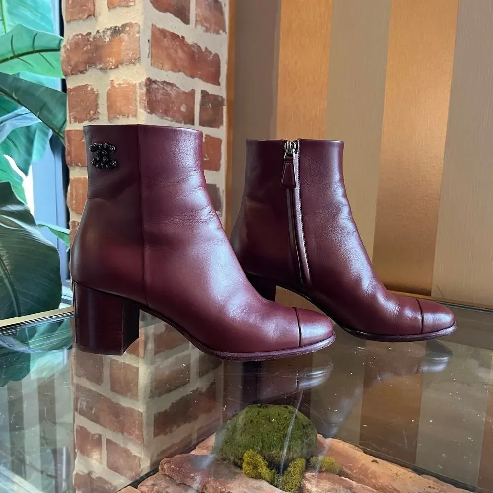 CHANEL CC Burgundy Leather Booties SZ 36.5 (US 6.5)